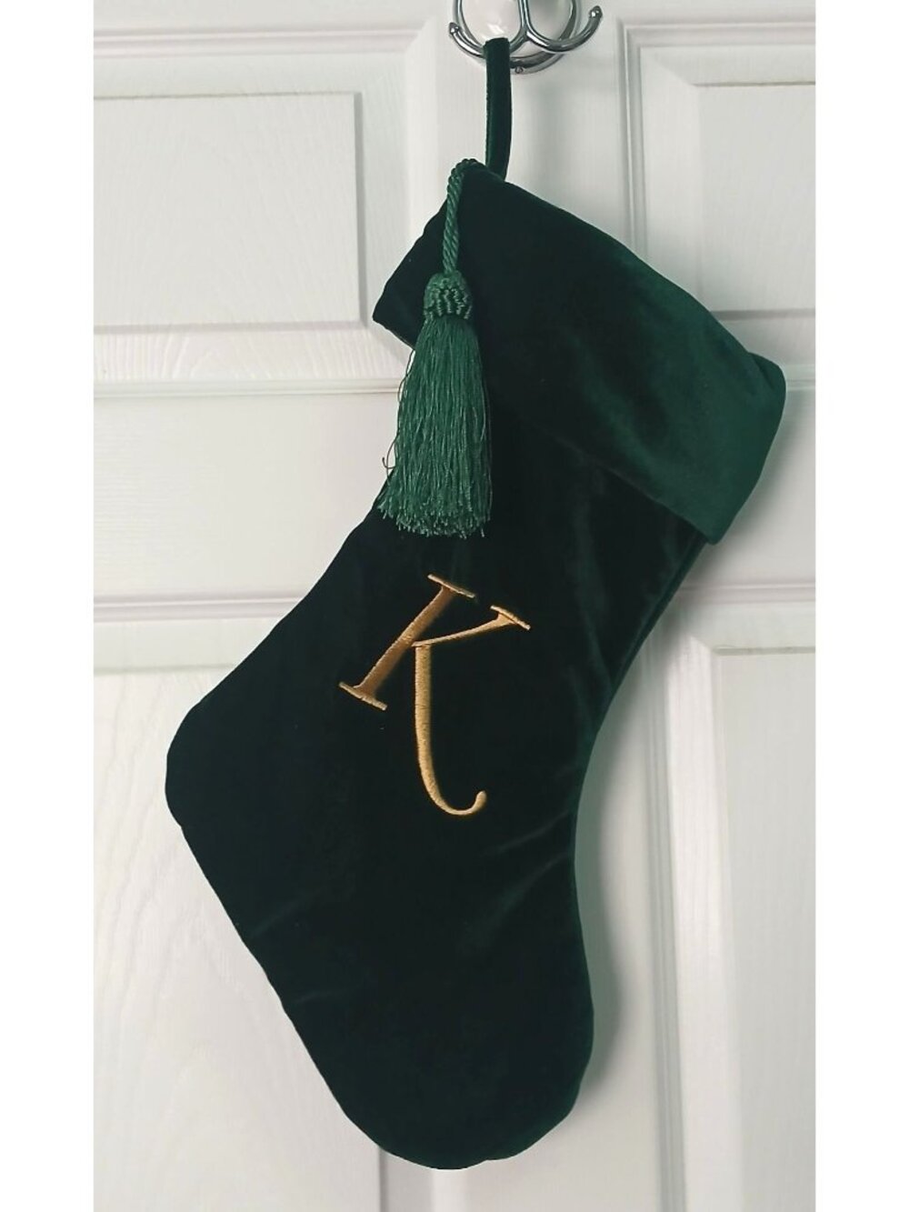 VTG Green Velvet Christmas Stocking Initial “K” Gold  Embroidered Tassle #D-21